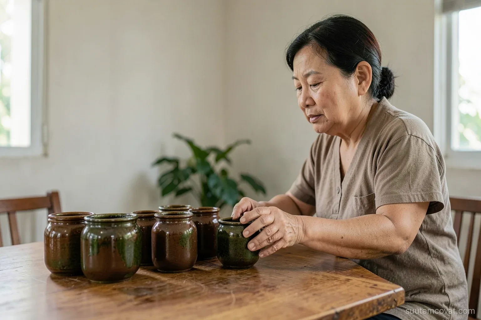 A middle-aged Vietnamese woman arranging a row of small brown and green glazed pottery jars by size on a long wooden table, viewed from a low side angle, soft daylight