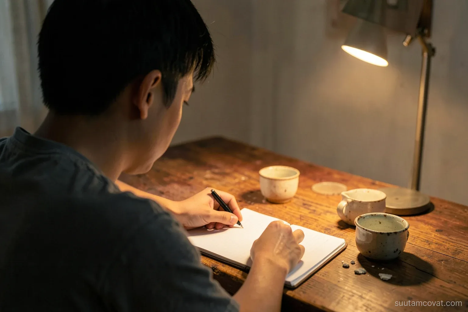 Over-the-shoulder view of a young Vietnamese man at home writing in a plain notebook beside a few small chipped ceramic cups and shards on a wooden desk, evening lamp light