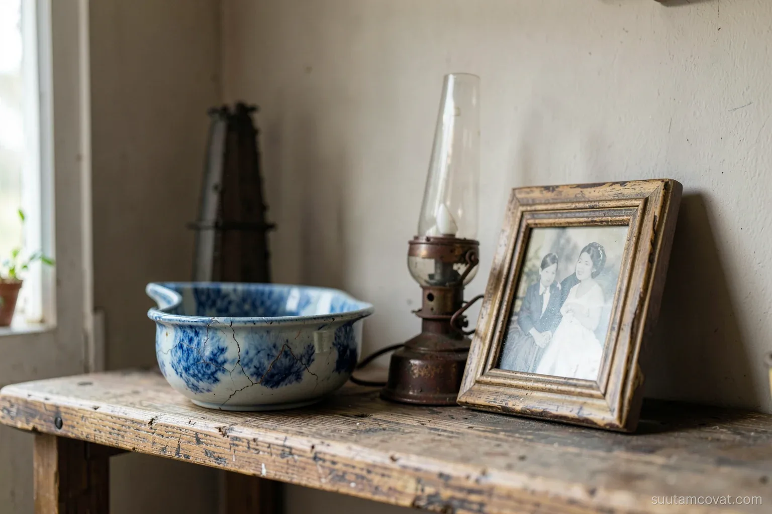 Close-up of an old wooden shelf holding a cracked blue and white bowl, a rusty brass oil lamp and a faded family photograph frame turned away, soft side light