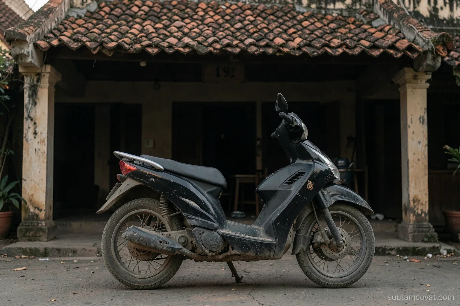 A dark scooter with large wheels parked under a tiled awning of an old Hanoi house, side view at knee height, late afternoon light, muted tones, nobody around