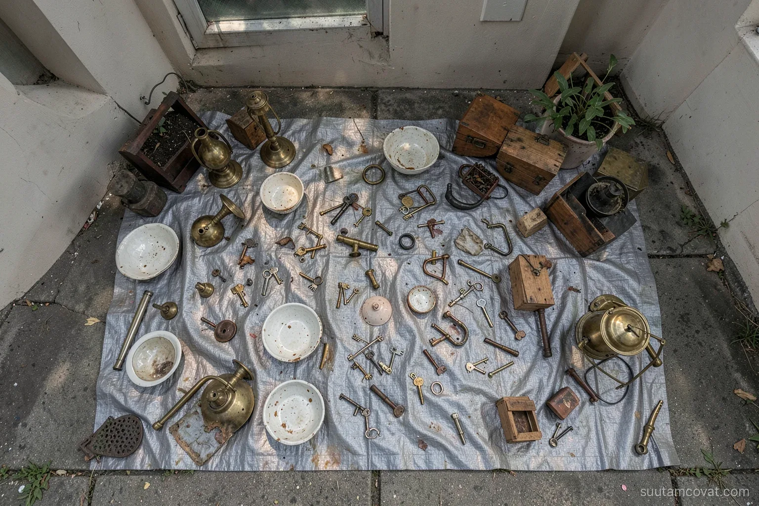 Top-down view of a tarp laid on a sidewalk covered with mixed old objects, brass lamps, chipped porcelain bowls, keys and wooden boxes, early morning soft shadows