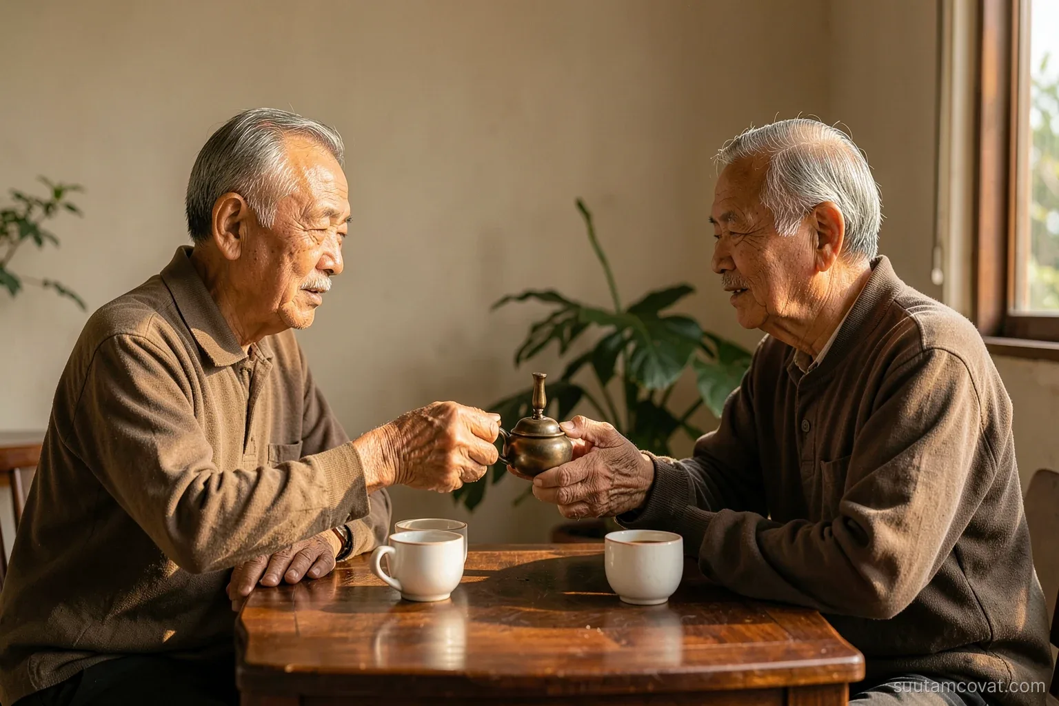 Two older Vietnamese men seated across a low wooden tea table, one passing a small bronze incense burner to the other with both hands, tea cups between them, warm afternoon light