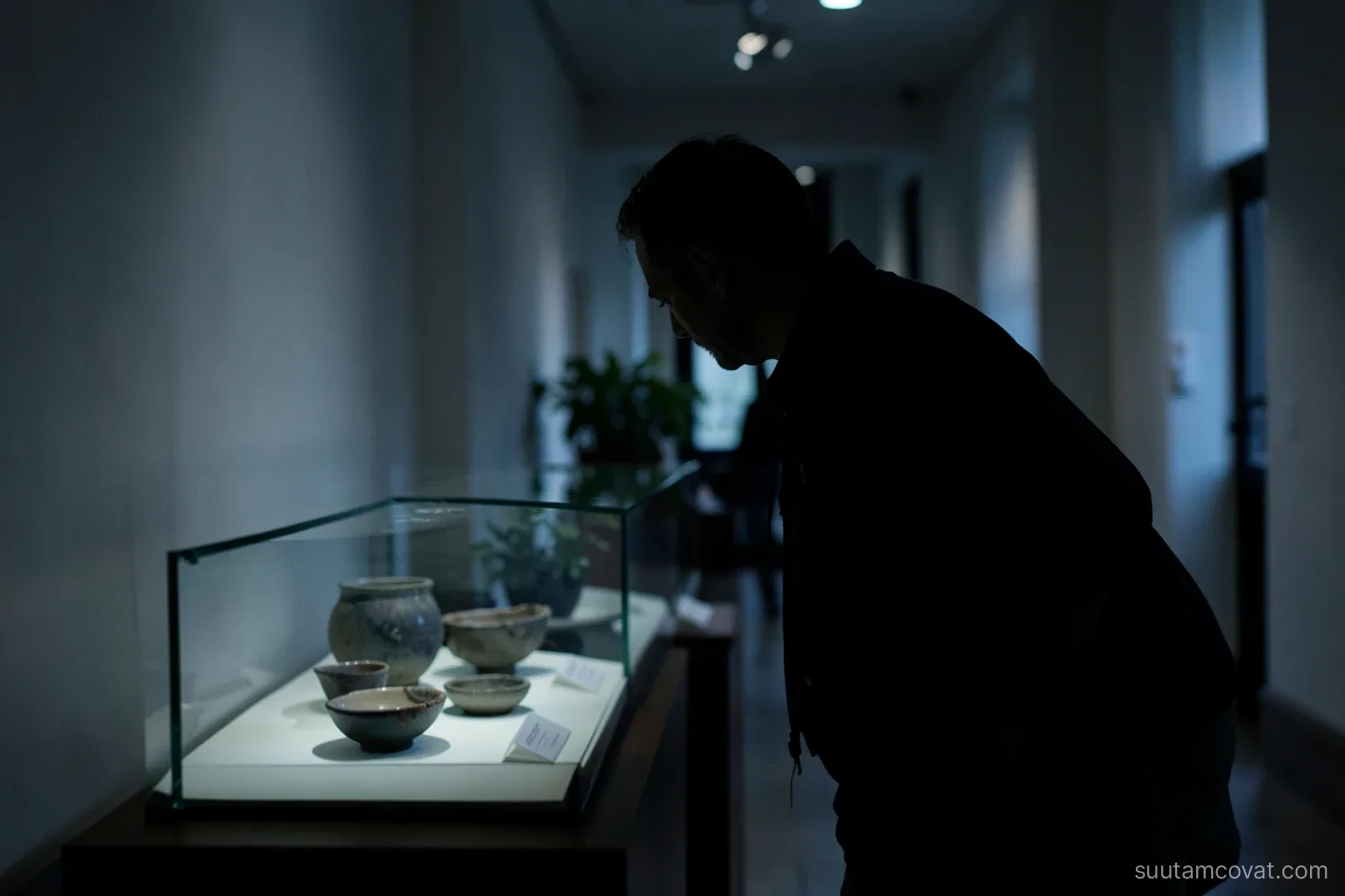 Silhouette of a visitor leaning close to a glass museum case holding ancient ceramic bowls, cool gallery light, long dim corridor behind, quiet contemplative mood