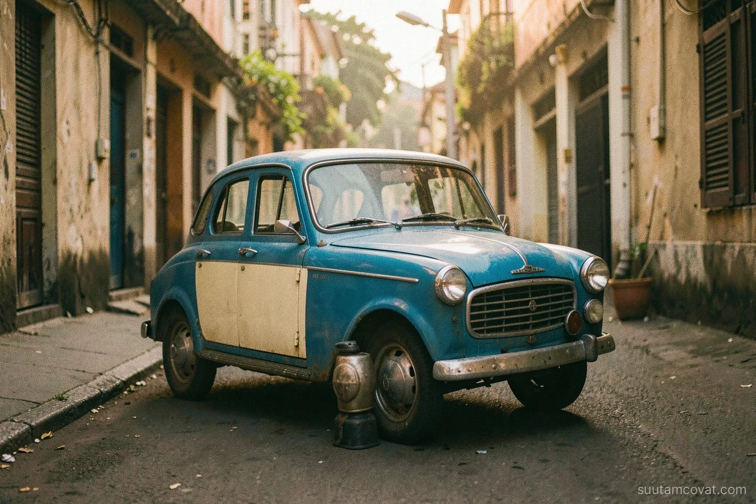 A small vintage French sedan painted two-tone blue and cream parked in a quiet Saigon alley at early morning, shot low from the curb, soft warm light, film grain