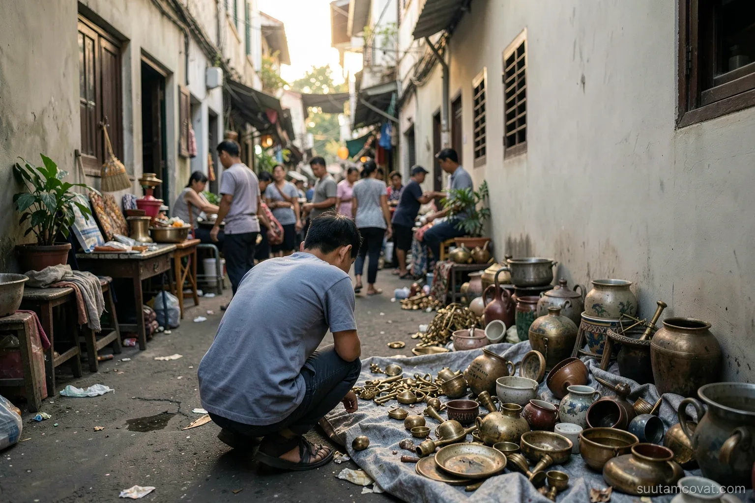 Wide view of a crowded weekend flea market in a Saigon alley at dawn, a young man crouching over a tarp of old ceramics and brass objects, seen from behind