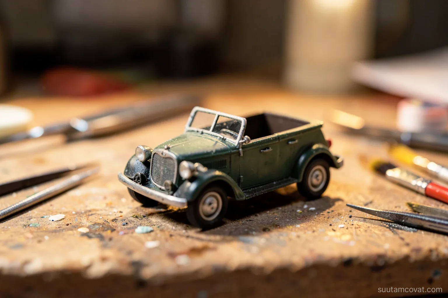 Macro shot of a tiny handmade model of a vintage open-top car on a craftsman workbench, tweezers and paint brushes nearby, shallow depth of field, warm desk lamp light