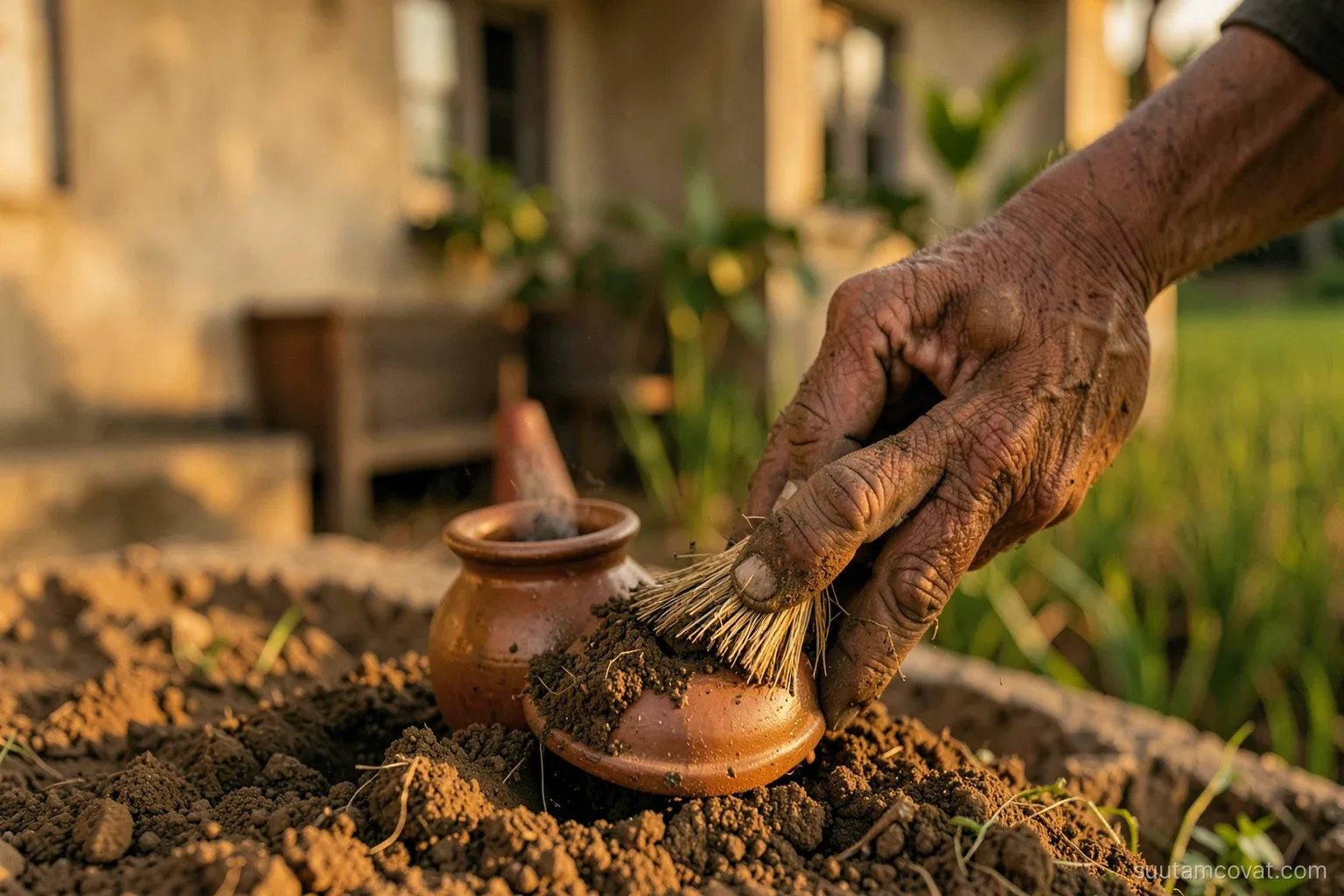 Weathered hands of an old farmer brushing dry soil from a brown glazed pottery shard beside a rice field at golden hour, shallow depth of field, rural northern Vietnam