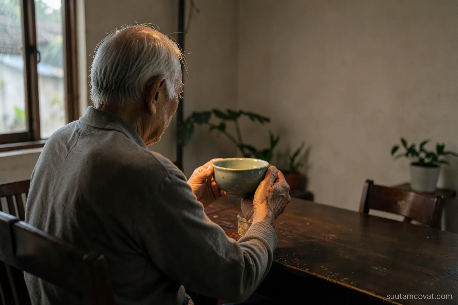 An elderly Vietnamese man seen from behind, sitting at a dark wooden table in a quiet tube house, turning an old celadon bowl in both hands under warm lamp light